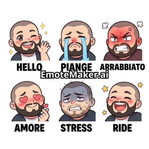 creami delle emoticon a stile anime con una persona rasato un po ciciotello con barba ma con scrito sotto hello , piange , arabbiato ecc