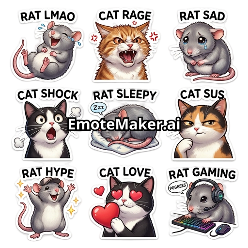 A funny sticker-style emote pack featuring a cute pet rat and playful cats together, expressive reactions for Twitch and Discord, highly detailed, realistic but adorable, meme energy, expressive faces, dynamic poses, transparent background, thick white sticker border around each character, glossy sticker look, soft shadows, vibrant colors, internet reaction sticker style, clean cutout, high quality, emotional expressions like laughing, rage, crying, shocked, sleepy, suspicious, hype, love, gamin