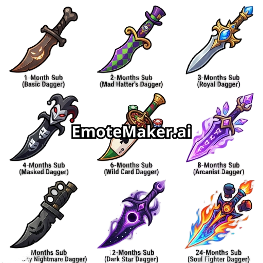 Create a series of twitch subscriber badge representing all Shacos knife.  Shaco is a champion from league of legend.  1month sub : basic knife from basic skin in league 2months sub : Mad Hatter Shacos knifes 3months sub : Royal Shacos knifes 4months sub : Masked Shacos knifes 6months : Wild Card Shacos knifes  8months : Arcanist Shacos knifes 10months : Crime City Nightmare Shacos knifes  12months : Dark Star Shacos knifes  24months : Soul Fighter Shacos knifes  Make all of them PNG tr