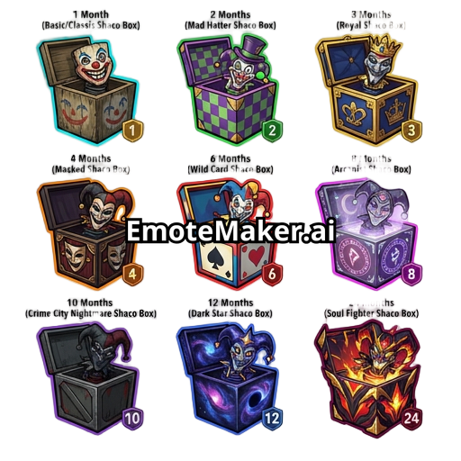Create a series of twitch subscriber badge representing all Shacos BOXES.  Shaco is a champion from league of legend.  1month sub : basic BOX from basic skin in league 2months sub : Mad Hatter Shacos BOX 3months sub : Royal Shacos BOX 4months sub : Masked Shacos BOX 6months : Wild Card Shacos BOX  8months : Arcanist Shacos BOX 10months : Crime City Nightmare Shacos BOX  12months : Dark Star Shacos BOX  24months : Soul Fighter Shacos BOX  Make all of them PNG transparent