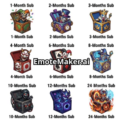 Create a series of twitch subscriber badge representing all Shacos BOXES. Shaco is a champion from league of legend. 1month sub : basic BOX from basic skin in league 2months sub : Mad Hatter Shacos BOX 3months sub : Royal Shacos BOX 4months sub : Masked Shacos BOX 6months : Wild Card Shacos BOX 8months : Arcanist Shacos BOX 10months : Crime City Nightmare Shacos BOX 12months : Dark Star Shacos BOX 24months : Soul Fighter Shacos BOX Make all of them PNG transparent”