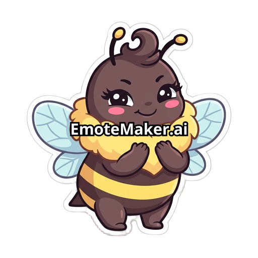 Emote d’abeille kawaii toute, mascotte cartoon adorable, forte poitrine, grosse collerette duveteuse jaune, hanches bien dessinés, petites ailes bleues, corps brun foncé avec rayures jaunes, joues roses, expression malicieuse et mignonne, longs cils, petite mèche bouclée sur la tête, ombrage doux, contours épais et propres, couleurs pastel, pose debout avec les petites pattes contre le torse, yeux brillants, style sticker/emote haute qualité, ambiance douce et playful, inspiration anime