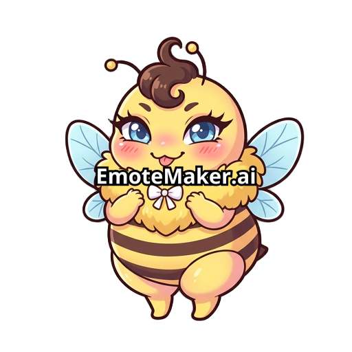 Emote d’abeille kawaii toute ronde, mascotte cartoon adorable, poitrine, grosse collerette duveteuse jaune, belles hanches petites ailes bleues, corps jaune avec rayures brunes, yeux bleus avec cils, joues roses, expression malicieuse et mignonne, longs cils, petite mèche bouclée sur la tête, ombrage doux, contours épais et propres, couleurs pastel, pose debout avec les petites pattes contre le torse, yeux brillants, style sticker/emote haute qualité, ambiance douce et playful, inspiration anime