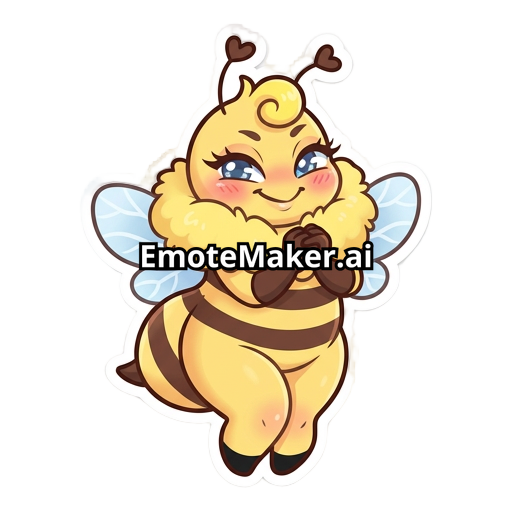 Emote d’abeille kawaii avec de belles hanches (courbes), mascotte cartoon adorable, forte poitrine, grosse collerette duveteuse jaune, petites ailes bleues, corps jaune avec rayures brunes, joues roses, expression malicieuse et mignonne, longs cils, petite mèche bouclée sur la tête, ombrage doux, contours épais et propres, couleurs pastel, pose debout avec les petites pattes contre le torse, yeux bleus brillants, style sticker/emote haute qualité, ambiance douce et playful, inspiration anime