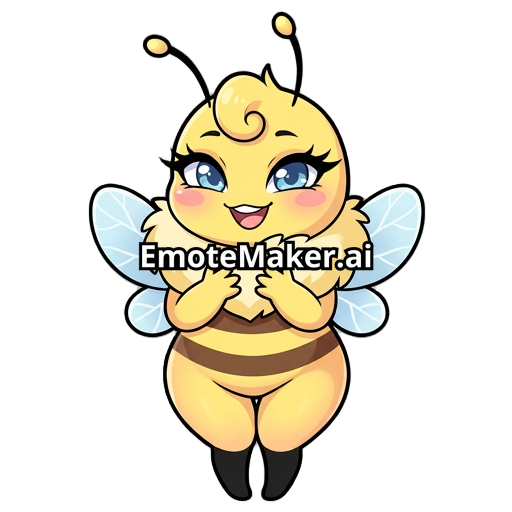 “Emote d’abeille kawaii féminine, mascotte cartoon adorable, forte poitrine, grosse collerette duveteuse jaune, hanches bien dessinés, petites ailes bleues, corps jaune avec rayures brunes, joues roses, expression malicieuse et mignonne, longs cils, petite mèche bouclée sur la tête, ombrage doux, contours épais et propres, couleurs pastel, pose debout avec les petites pattes contre le torse, yeux bleues brillants, style sticker/emote haute qualité, ambiance douce et playful, inspiration anime.”