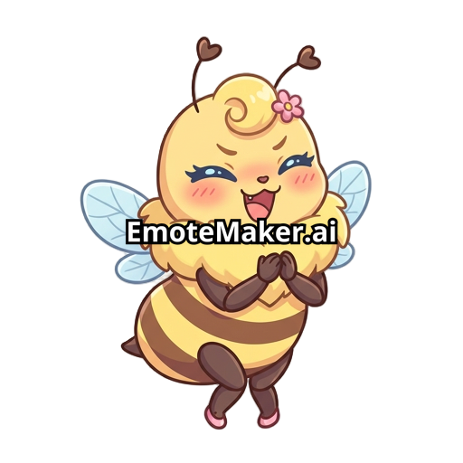 “Emote d’abeille kawaii féminine, mascotte cartoon adorable, forte poitrine, grosse collerette duveteuse jaune, hanches bien dessinés, petites ailes bleues, corps jaune avec rayures brunes, joues roses, expression malicieuse et mignonne, longs cils, petite mèche bouclée sur la tête, ombrage doux, contours épais et propres, couleurs pastel, pose debout avec les petites pattes contre le torse, yeux bleues brillants, style sticker/emote haute qualité, ambiance douce et playful, inspiration anime.”