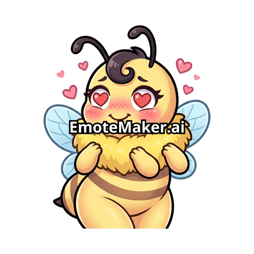 “Emote d’abeille kawaii féminine, mascotte cartoon adorable, forte poitrine, grosse collerette duveteuse jaune, hanches bien dessinés, petites ailes bleues, corps jaune avec rayures brunes, joues roses, expression malicieuse et mignonne, longs cils, petite mèche bouclée sur la tête, ombrage doux, contours épais et propres, couleurs pastel, pose debout avec les petites pattes contre le torse, yeux bleues brillants, style sticker/emote haute qualité, ambiance douce et playful, inspiration anime.”