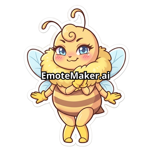 “Emote d’abeille kawaii féminine, mascotte cartoon adorable, forte poitrine, grosse collerette duveteuse jaune, hanches bien dessinés, petites ailes bleues, corps jaune avec rayures brunes, joues roses, expression malicieuse et mignonne, longs cils, petite mèche bouclée sur la tête, ombrage doux, contours épais et propres, couleurs pastel, pose debout avec les petites pattes contre le torse, yeux bleues brillants, style sticker/emote haute qualité, ambiance douce et playful, inspiration anime.”