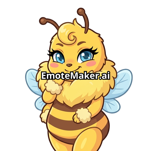 “Emote d’abeille kawaii féminine, mascotte cartoon adorable, forte poitrine, grosse collerette duveteuse jaune, hanches bien dessinés, petites ailes bleues, corps jaune avec rayures brunes, joues roses, expression malicieuse et mignonne, longs cils, petite mèche bouclée sur la tête, ombrage doux, contours épais et propres, couleurs pastel, pose debout avec les petites pattes contre le torse, yeux bleues brillants, style sticker/emote haute qualité, ambiance douce et playful, inspiration anime.”