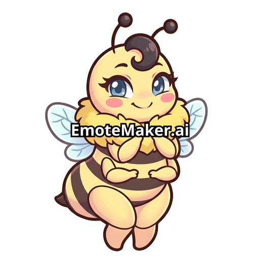 “Emote d’abeille kawaii féminine, mascotte cartoon adorable, forte poitrine, grosse collerette duveteuse jaune, hanches bien dessinés, petites ailes bleues, corps jaune avec rayures brunes, joues roses, expression malicieuse et mignonne, longs cils, petite mèche bouclée sur la tête, ombrage doux, contours épais et propres, couleurs pastel, pose debout avec les petites pattes contre le torse, yeux bleues brillants, style sticker/emote haute qualité, ambiance douce et playful, inspiration anime.”