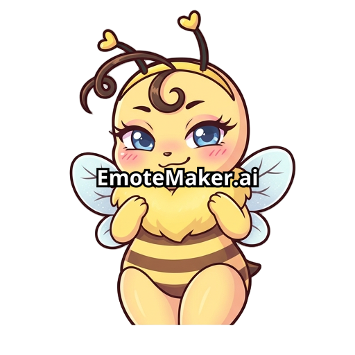 “Emote d’abeille kawaii féminine, mascotte cartoon adorable, forte poitrine, grosse collerette duveteuse jaune, hanches bien dessinés, petites ailes bleues, corps jaune avec rayures brunes, joues roses, expression malicieuse et mignonne, longs cils, petite mèche bouclée sur la tête, ombrage doux, contours épais et propres, couleurs pastel, pose debout avec les petites pattes contre le torse, yeux bleues brillants, style sticker/emote haute qualité, ambiance douce et playful, inspiration anime.”