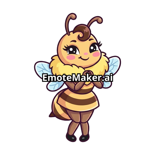 Emote d’abeille kawaii toute, mascotte cartoon adorable avec une silhouette féminine, forte poitrine et belles hanches marquées, taille légèrement affinée, grosse collerette duveteuse jaune, petites ailes bleues, corps jaune avec rayures brunes, joues roses, expression malicieuse et mignonne, longs cils, petite mèche bouclée sur la tête, ombrage doux, contours épais et propres, couleurs pastel, pose debout avec les petites pattes contre le torse, style sticker/emote haute qualité, amb