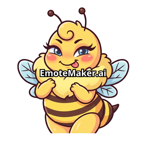 “Emote d’abeille kawaii, mascotte cartoon adorable avec une silhouette féminine, yeux bleue, forte poitrine et belles hanches marquées, corps entièrement jaune avec rayures et contours brun foncé, grosse collerette duveteuse jaune, petites ailes bleues translucides, joues roses, expression malicieuse et mignonne, longs cils, petite mèche bouclée sur la tête, ombrage doux, contours épais et propres, couleurs pastel, pose debout avec les petites pattes contre le torse, style sticker/emote haute qu