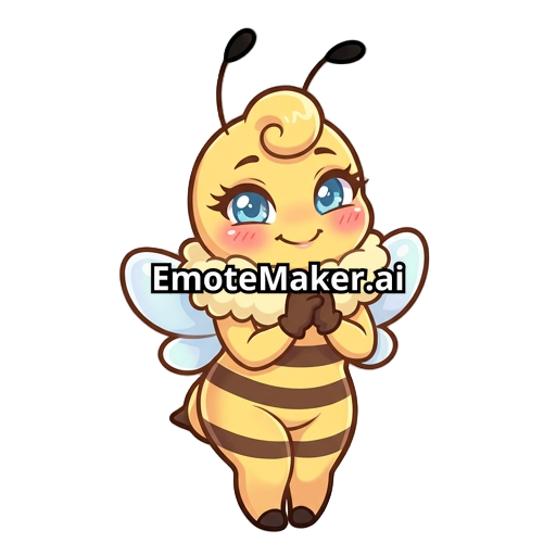 “Emote d’abeille kawaii, mascotte cartoon adorable avec une silhouette féminine, forte poitrine et belles hanches marquées, corps jaune avec rayures et contours brun foncé, grosses joues rosées, grands yeux bleus brillants avec longs cils, expression malicieuse et mignonne, petite mèche bouclée sur la tête, grosse collerette duveteuse jaune, petites ailes bleues translucides, ombrage doux, contours épais et propres, couleurs pastel, pose debout avec les petites pattes contre le torse, style stic