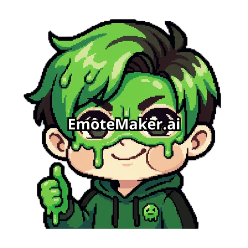 Create a high-quality chibi Twitch emote character by combining the facial features and hairstyle from the real-life reference photo with the green slime-mask streamer branding from the PNG mascot reference.  STYLE:  Match the exact style of a professional Twitch emote pack Cute anime/chibi proportions Large expressive eyes Thick clean lineart Soft cel shading Highly readable at small sizes Similar aesthetic to premium Twitch/Kick/Discord emote packs Transparent background Waist-up framing Dark