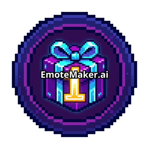 Retro gaming Twitch gift sub badge, pixel art style, circular badge, purple and dark blue palette, glowing pixel gift box in the center, pixelated number 1 integrated in the design, 16-bit arcade aesthetic, highly readable at tiny sizes, clean outline, nostalgic SNES/arcade vibe, optimized for Twitch badge sizes, transparent background