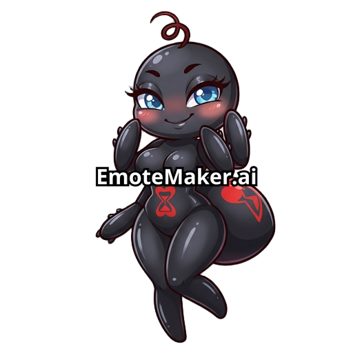 Emote de veuve noire kawaii sexy, mascotte cartoon inspirée d’une araignée veuve noire avec une silhouette féminine attirante, poitrine généreuse, taille marquée et belles hanches larges, corps noir brillant avec marquages rouges élégants, grands yeux bleus brillants avec longs cils, regard charmeur et expression malicieuse, légère pose aguicheuse mais cute, joues rosées, petite mèche bouclée sur la tête, détails rappelant une araignée stylisée, petites pattes discrètes et élégantes, ombrage dou