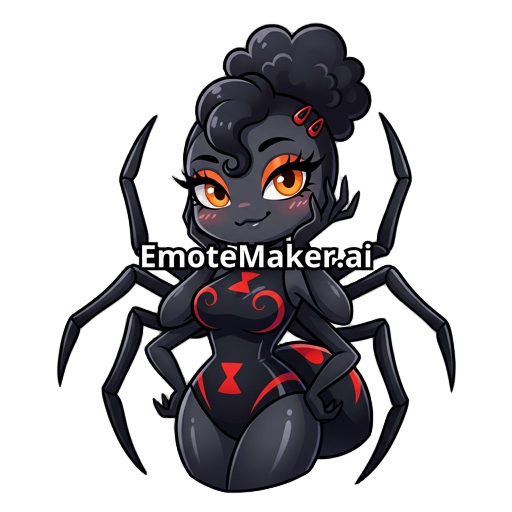 “Emote de veuve noire kawaii sexy, mascotte cartoon inspirée d’une araignée veuve noire avec une silhouette féminine attirante, poitrine généreuse, taille marquée et belles hanches larges, corps noir brillant avec marquages rouges élégants, grands yeux orange brillants avec longs cils, regard charmeur et expression malicieuse, légère pose aguicheuse mais cute, joues rosées, petite mèche bouclée sur la tête, détails rappelant une araignée stylisée, petites pattes discrètes et élégantes, ombrage d