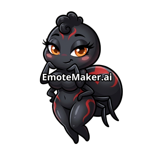 “Emote de veuve noire kawaii sexy, mascotte cartoon inspirée d’une araignée veuve noire avec une silhouette féminine attirante, poitrine généreuse, taille marquée et belles hanches larges, corps noir brillant avec marquages rouges élégants, grands yeux orange brillants avec longs cils, regard charmeur et expression malicieuse, légère pose aguicheuse mais cute, joues rosées, petite mèche bouclée sur la tête, détails rappelant une araignée stylisée, petites pattes discrètes et élégantes, ombrage d