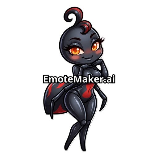 “Emote de veuve noire kawaii sexy, mascotte cartoon inspirée d’une araignée veuve noire avec une silhouette féminine attirante, poitrine généreuse, taille marquée et belles hanches larges, corps noir brillant avec marquages rouges élégants, grands yeux orange brillants avec longs cils, regard charmeur et expression malicieuse, légère pose aguicheuse mais cute, joues rosées, petite mèche bouclée sur la tête, détails rappelant une araignée stylisée, petites pattes discrètes et élégantes, ombrage d