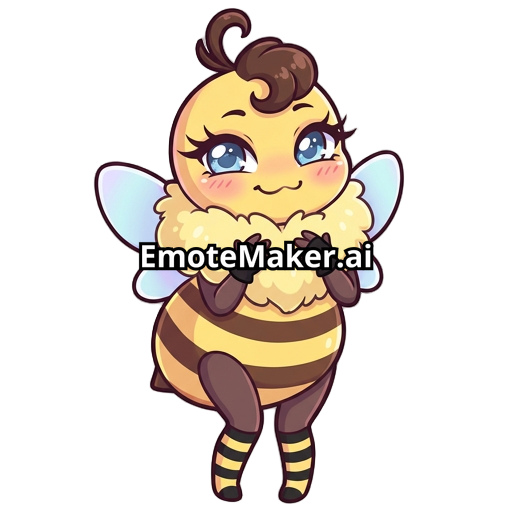Emote de veuve noirkawaii féminine, mascotte cartoon adorable, forte poitrine, grosse collerette duveteuse jaune, hanches bien dessinés, petites ailes bleues, corps jaune avec rayures brunes, joues roses, expression malicieuse et mignonne, longs cils, petite mèche bouclée sur la tête, ombrage doux, contours épais et propres, couleurs pastel, pose debout avec les petites pattes contre le torse, yeux bleues brillants, style sticker/emote haute qualité, ambiance douce et playful, inspiration anime.
