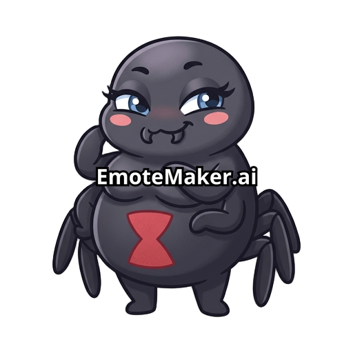 Emote de veuve noir féminine, mascotte cartoon adorable, forte poitrine, hanches bien dessinés, corps noir avec marque de veuve noir rouge, joues roses, expression malicieuse, longs cils, ombrage doux, contours épais et propres, couleurs pastel, pose debout avec les petites pattes contre le torse, yeux bleues brillants, style sticker/emote haute qualité, ambiance douce et playful, inspiration anime.