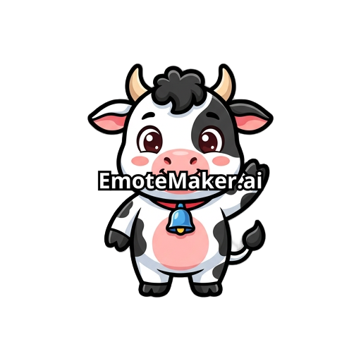 Cute cartoon cow mascot, Twitch emote style, expressive face, thick outlines, vibrant colors, clean vector look, transparent background, centered character, chibi style, high detail, streamer mascot aesthetic