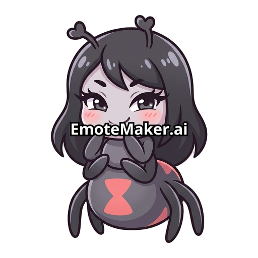 Emote de veuve noir féminine, mascotte cartoon adorable, forte poitrine, hanches bien dessinés, expression malicieuse et mignonne, longs cils, cheveux noir, ombrage doux, contours épais et propres, couleurs pastel, pose debout avec les petites pattes contre le torse, style sticker/emote haute qualité, ambiance douce et playful, inspiration anime.