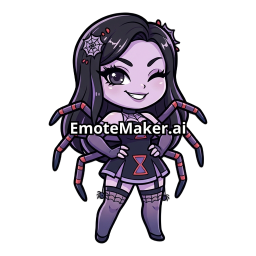 Emote de veuve noir féminine, mascotte cartoon adorable, forte poitrine, hanches bien dessinés, expression malicieuse, longs cils, cheveux noir, ombrage doux, contours épais et propres, couleurs pastel, pose debout, style sticker/emote haute qualité, ambiance douce et playful, inspiration anime.