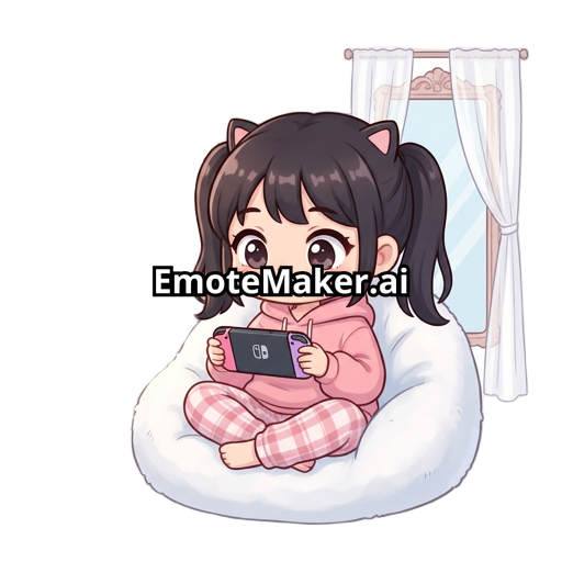Chibi style girl sitting in a fluffy white bean bag the room has a mirror to the right with sheer curtains partly covering it. in the back there is a standing lamp with a star as its globe there are also a set of timber shelves with mini pot plants and also some frog and hippo plushies there is  also a picture of a tabby cat.  the girl is sitting in the bean bag playing a switch. the switch has pink and purple joycons. the girl is in a pink hoodie and pink and white plaid pyjama pants she also