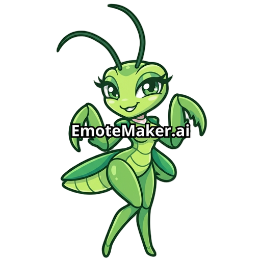 “Emote de mante religieuse kawaii sexy et prédatrice, mascotte cartoon inspirée d’une mante religieuse avec une silhouette féminine attirante, poitrine généreuse, taille marquée et belles hanches larges, corps vert émeraude avec détails plus foncés, grands yeux brillants avec longs cils, regard prédateur et charmeur, sourire malicieux, légère pose aguicheuse mais cute, antennes fines élégantes, bras de mante stylisés et mignons, ombrage doux, contours épais et propres, style anime/chibi, couleur