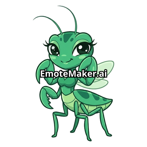 “Emote de mante religieuse kawaii sexy et prédatrice, mascotte cartoon inspirée d’une mante religieuse avec une silhouette féminine attirante, poitrine généreuse, taille marquée et belles hanches larges, corps vert émeraude avec détails plus foncés, grands yeux brillants avec longs cils, regard prédateur et charmeur, sourire malicieux, légère pose aguicheuse mais cute, antennes fines élégantes, bras de mante stylisés et mignons, ombrage doux, contours épais et propres, style anime/chibi, couleur