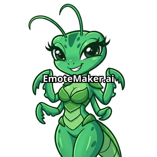 **“Emote de mante religieuse kawaii sexy et prédatrice, mascotte cartoon inspirée d’une mante religieuse avec une silhouette féminine attirante, poitrine généreuse, taille marquée et belles hanches larges, corps vert émeraude avec détails plus foncés, grands yeux brillants avec longs cils, regard prédateur et charmeur, sourire malicieux, légère pose aguicheuse mais cute, antennes fines élégantes, bras de mante stylisés et mignons, ombrage doux, contours épais et propres, style anime/chibi, cou