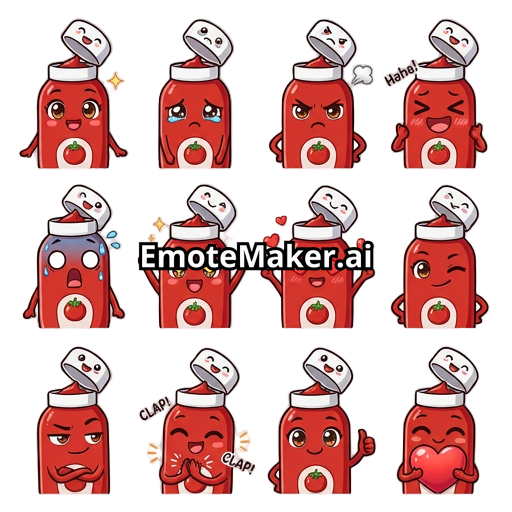 Anime chibi design of a red ketchup bottle with open bottle cap that is white. Styled as dank, funny and cool. No text on the bottle but just a small tomato icon on it. Face expressions of happy, sad, mad, laughing, shocked, excited, love, wink, smug, clap, thumbs up, heart