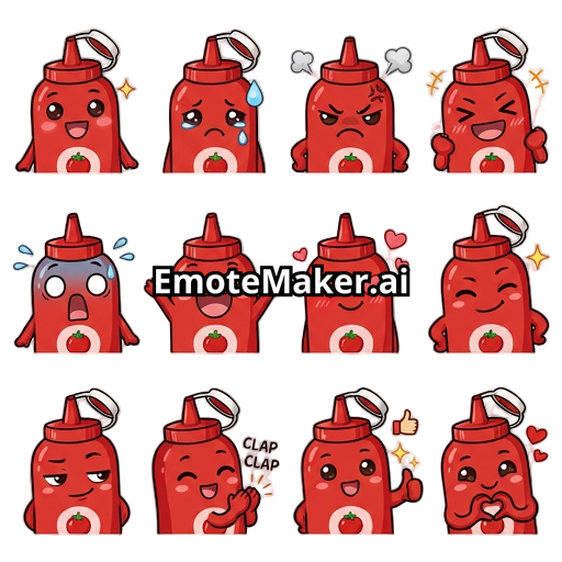 Anime chibi design of a red ketchup bottle with open bottle cap that is white. Styled as dank, funny and cool. No text on the bottle but just a small tomato icon on it. Face expressions of happy, sad, mad, laughing, shocked, excited, love, wink, smug, clap, thumbs up, heart
