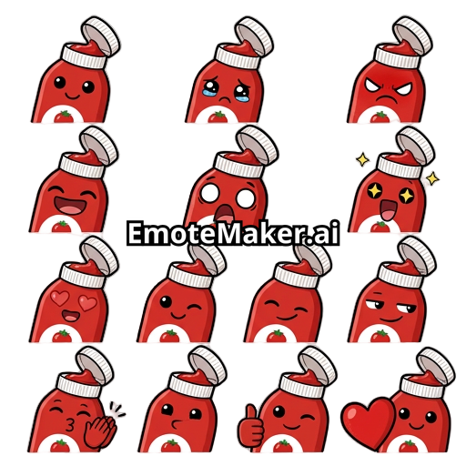 Anime chibi design of a red ketchup bottle with open bottle cap that is white. Styled as dank, funny and cool. No text on the bottle but just a small tomato icon on it. Face expressions of happy, sad, mad, laughing, shocked, excited, love, wink, smug, clap, thumbs up, heart