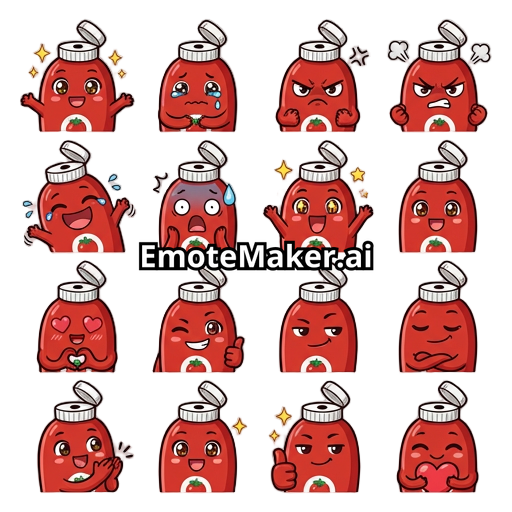 Anime chibi design of a red ketchup bottle with open bottle cap that is white. Styled as dank, funny and cool. No text on the bottle but just a small tomato icon on it. Face expressions of happy, sad, mad, laughing, shocked, excited, love, wink, smug, clap, thumbs up, heart