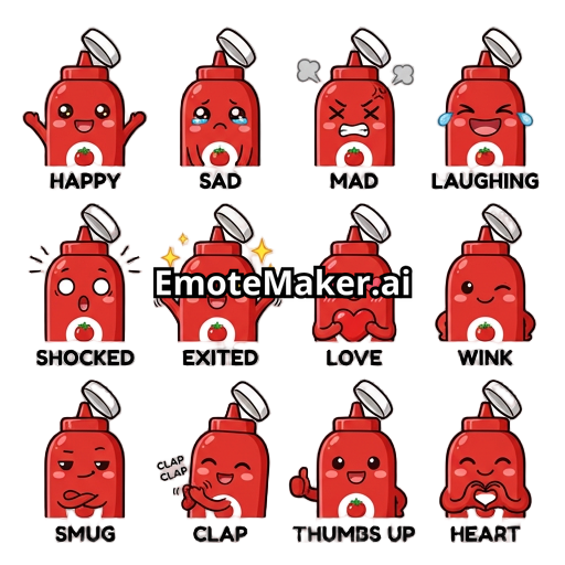 Anime chibi design of a red ketchup bottle with open bottle cap that is white. Styled as dank, funny and cool. No text on the bottle but just a small tomato icon on it. Face expressions of happy, sad, mad, laughing, shocked, excited, love, wink, smug, clap, thumbs up, heart