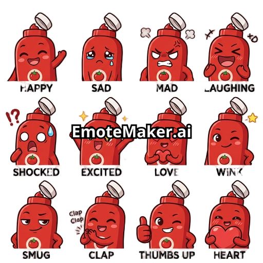 Anime chibi design of a red ketchup bottle with open bottle cap that is white. Styled as dank, funny and cool. No text on the bottle but just a small tomato icon on it. Face expressions of happy, sad, mad, laughing, shocked, excited, love, wink, smug, clap, thumbs up, heart