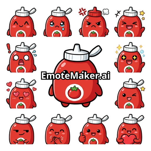 Anime chibi design of a red ketchup bottle with open bottle cap that is white. Styled as dank, funny and cool. No text on the bottle but just a small tomato icon on it. Face expressions of happy, sad, mad, laughing, shocked, excited, love, wink, smug, clap, thumbs up, heart