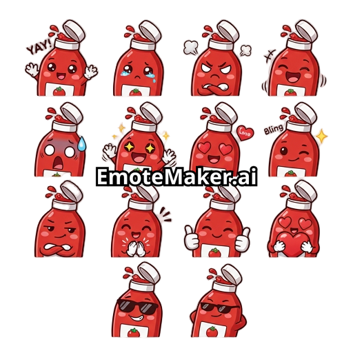 Anime chibi design of a red ketchup bottle with open bottle cap that is white. Styled as dank, funny and cool. No text on the bottle but just a small tomato icon on it. Face expressions of happy, sad, mad, laughing, shocked, excited, love, wink, smug, clap, thumbs up, heart