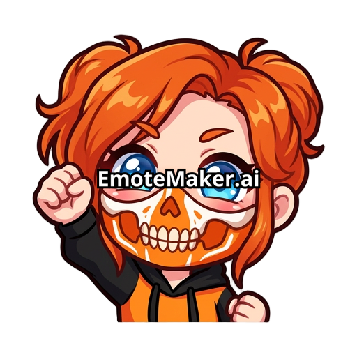 Cute ginger haired girl with bright blue eyes wearing an orange half face skull mask emotes