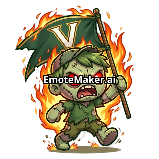A plush zombie marching with a war banner with the letter V on it