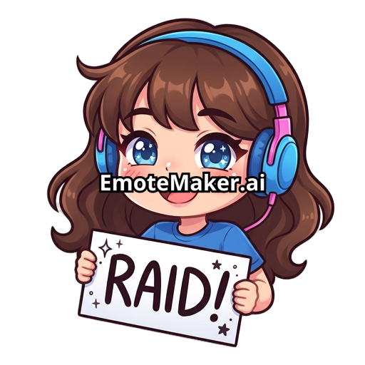 brunette girl with a blue shirt and wearing headphones holding a sign that says raid