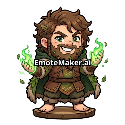 Cute cartoon druid emote for Twitch, based on a barefoot fantasy druid mascot. Rounded chibi proportions, expressive face, clean thick outlines, vibrant colors, soft shading, slightly mischievous smile, glowing green nature magic accents, leather and fur fantasy outfit, hood down, messy hair and beard, highly readable at small size, transparent background, professional Twitch emote style, centered composition, exaggerated expression, polished digital cartoon art