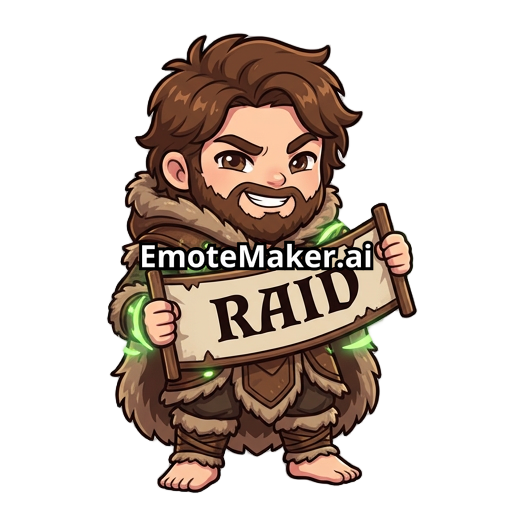 Cute cartoon druid emote for Twitch, based on a barefoot fantasy druid mascot. Rounded chibi proportions, expressive face, clean thick outlines, vibrant colors, soft shading, slightly mischievous smile, glowing green nature magic accents, leather and fur fantasy outfit, hood down, messy hair and beard, highly readable at small size, transparent background, professional Twitch emote style, centered composition, exaggerated expression, polished digital cartoon art - holding banner saying RAID