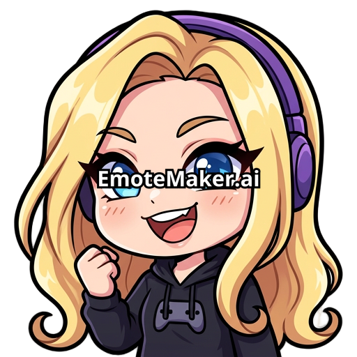 long blonde hair, blue eyes, gamer, twitch emotes, winged eyeliner, female