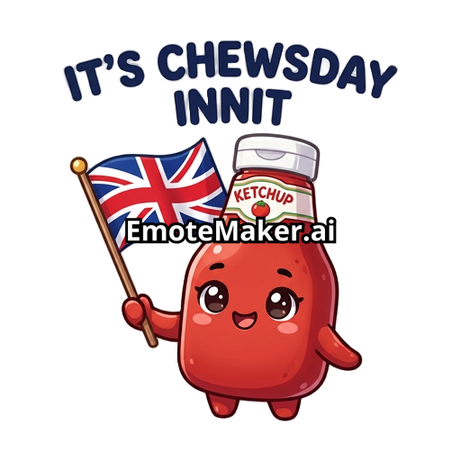 Anime chibi ketchup bottle holding the UK flag. Text above flag away from bottle saying ITS CHEWSDAY INNIT