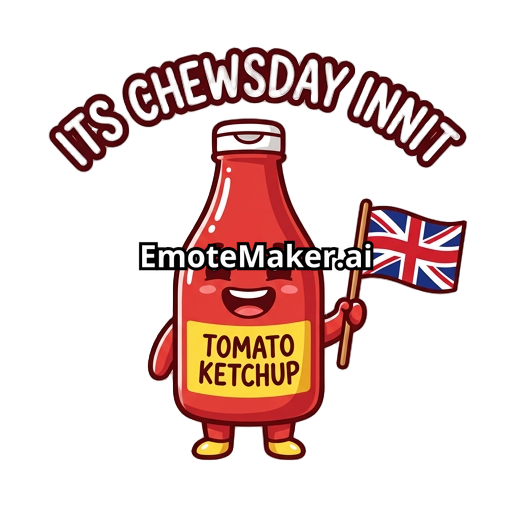 Cool chibi ketchup bottle holding the UK flag. Text above flag away from bottle saying ITS CHEWSDAY INNIT