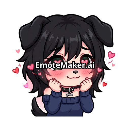a shy puppy girl blushing faintly has a collar around her neck with a little bone on it her black hair is slightly messy ( a wolf cut with bangs ) with dark green eyes wearing an off shoulder navy blue top